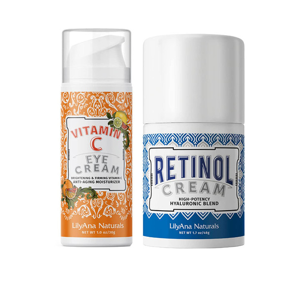 LilyAna Naturals Retinol Cream Moisturizer 1.7 Oz and Vitamin C Eye Cream 1 Oz Bundle  AntiAging Cream for your Eyes and Face Reduces Dark Circles and Puffiness Fine Lines Wrinkles and Age Spots