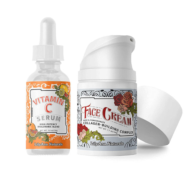 LilyAna Naturals Vitamin C Serum 1 oz and Face Cream Moisturizer 1.7 oz Bundle  Face Serum Reduces Age Spots and Sun Damage and AntiAging Wrinkle Cream for Face Helps With Dry Skin and Dark Spot