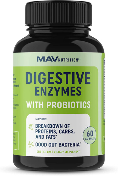 Digestive Enzymes Supplement with Probiotics  for Breaking Down Dairy Protein Sugar  Carbs  Nutrient Absorption Lactose Gas Relief  Bloating  Vegetarian 3rdParty Tested 60 Capsules