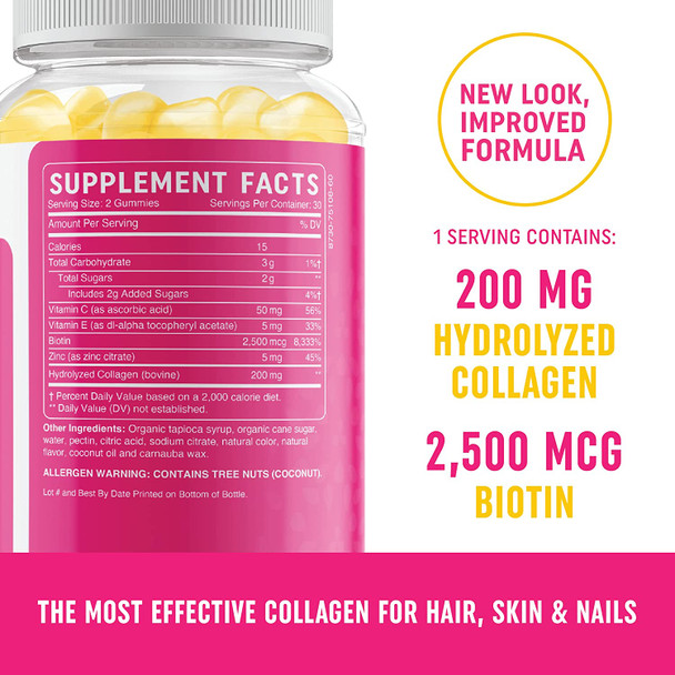 Collagen Gummies 200MG with Biotin 2500MCG Vitamin C E  Zinc  Lemon Flavor  Anti Aging Hair Growth Skin Strong Nails  Hydrolyzed Collagen Protein Supplements  60 NonGMO Gummy Vitamins