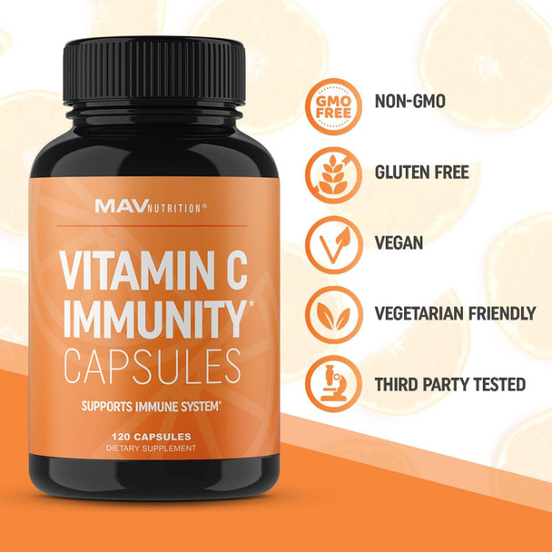 Vitamin C Capsules  for Immune Support  NonGMO Gluten  Vegan  Vegetarian Friendly  Vitamin C as Ascorbic Acid 500mg per Capsule 2000mg per Serving 1 Pack