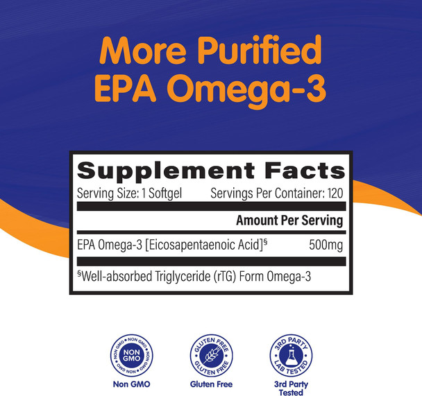 OmegaVia EPA 500 Omega3 Fish Oil 120 Capsules 500 mg EPA/Pill HighPurity EPA Formula Triglyceride Form IFOS 5Star Certified w/ Fish Gelatin Capsule GlutenFree NonGMO