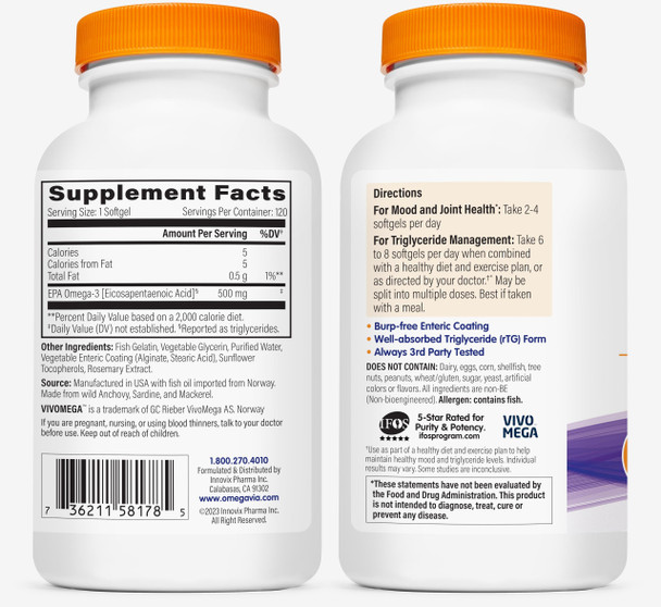 OmegaVia EPA 500 Omega3 Fish Oil 120 Capsules 500 mg EPA/Pill HighPurity EPA Formula Triglyceride Form IFOS 5Star Certified w/ Fish Gelatin Capsule GlutenFree NonGMO
