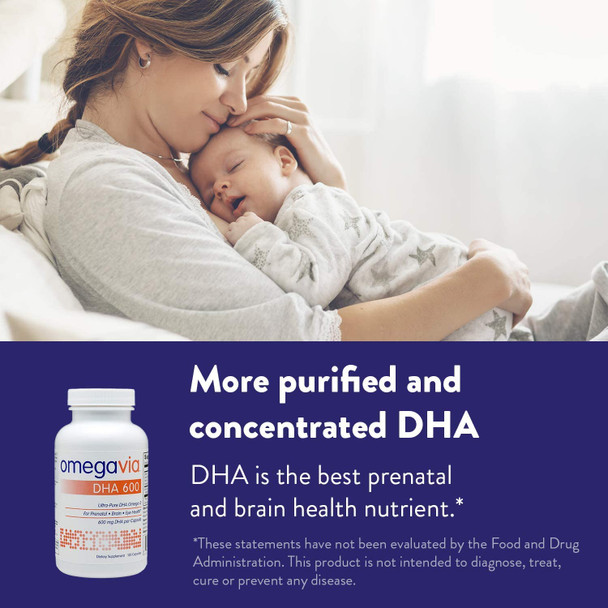 OmegaVia DHA 600 mg  UltraPure DHA Supplements Omega3 for Brain  Eyes  Prenatal DHA Omega 3 Nutrient for Prenatal Pregnant and Nursing Women  Burpless IFOS Tested for Mercury  120 Capsules