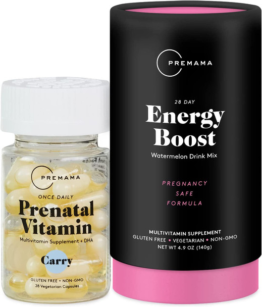 PREMAMA Prenatal Vitamin Energy Boost Drink Mix  Prenatal Support Bundle Omega 3 B Vitamins DHA Folate 28 Servings