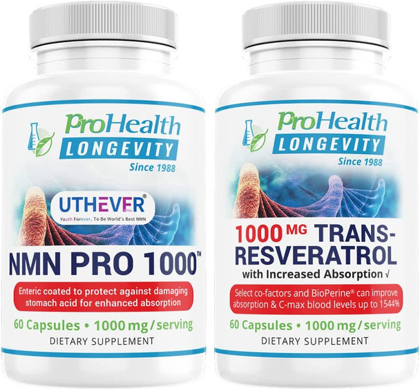 ProHealth Longevity NMN Pro 1000 Enhanced Absorption Featuring Uthever Brand NMN 1000 mg per Serving 60 Capsules  TransResveratrol 1000 mg per Serving 60 Capsules Bundle