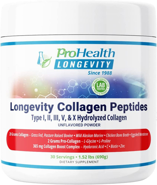 ProHealth Longevity Collagen Peptides Powder  for People Over 40. 20g Multi Collagen. 2g ProCollagen. Hyaluronic Acid. Type I II III V X for Joints Bones Hair Skin Muscles Gut  30 Servings