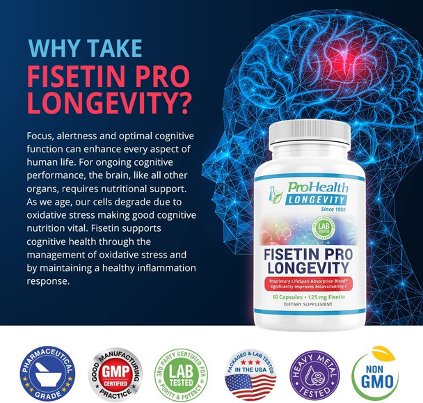 Fisetin Pro Longevity 60 Capsules  Supports Brain Function Focus and Alertness. Natural Bioflavonoid. Powerful Antioxidant. Enhanced Bioavailability. by ProHealth Longevity.