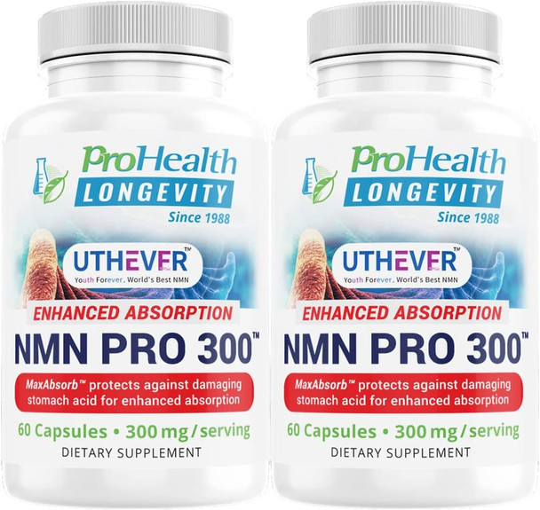 NMN Pro 300 2Pack Enhanced Absorption  Uthever Brand  UltraPure Stabilized Pharmaceutical Grade NMN 60 Capsules per Bottle 300 mg per 2 Capsule Serving  ProHealth Longevity