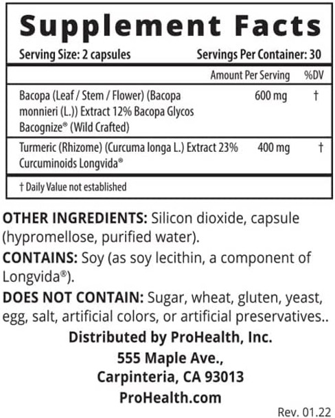 ProHealth 2Pack Brain  Focus  Optimized Curcumin Longvida with BaCognize Bacopa Monnieri 60 Veggie Capsules