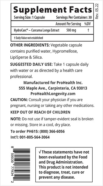 HydroCurc 500 mg 30 Veggie Capsules by ProHealth Longevity