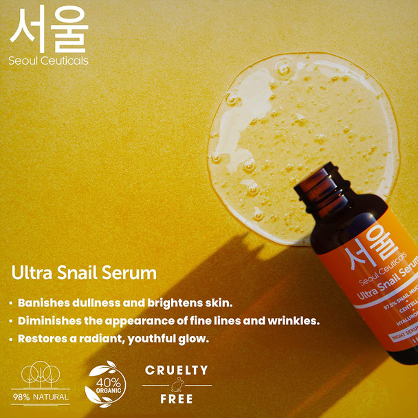 Korean Skin Care Serum Set  Contains Potent Vitamin C Daytime Serum PLUS Korean Snail Nighttime Serum With Hyaluronic Acid  Centella Asiatica  Proven to Give You That Healthy Youthful Glow.