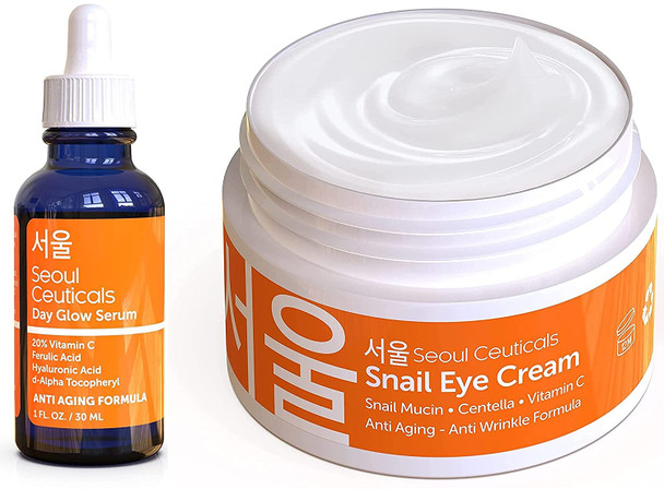 Korean Skin Care Set Contains Potent Vitamin C Serum PLUS Korean Snail Eye Cream with Centella Asiatica  This Extremely Effective Skincare Set Provides You With Glowing Skin  Youthful Eyes