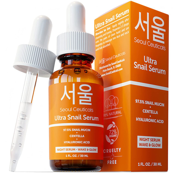 SeoulCeuticals Korean Skin Care Snail Mucin Serum  Korean Beauty Skincare Night Serum Hyaluronic Acid for Face  Contains Potent 97.5 K Beauty Snail  Centella Asiatica Extremely Effective Anti Wrinkle Serum 1oz
