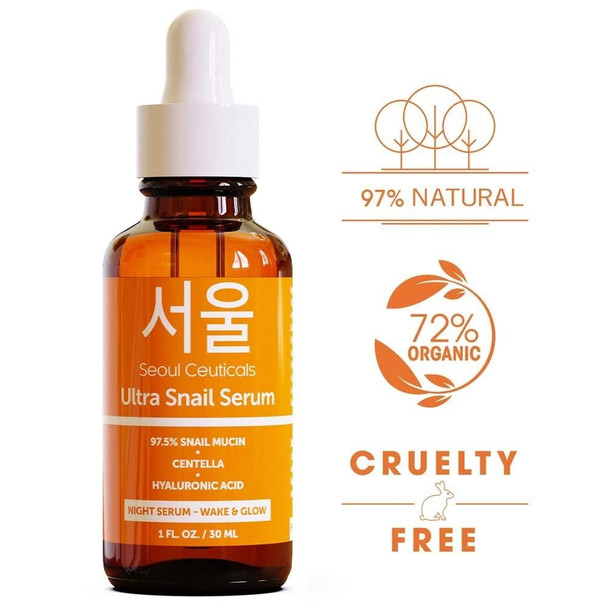 SeoulCeuticals Korean Skin Care Snail Mucin Serum  Korean Beauty Skincare Night Serum Hyaluronic Acid for Face  Contains Potent 97.5 K Beauty Snail  Centella Asiatica Extremely Effective Anti Wrinkle Serum 1oz