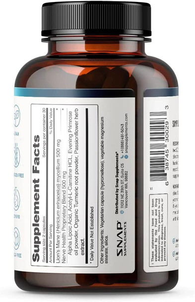 Nerve Health Support Supplement with Lions Mane  Improved Mental Clarity Memory  Focus  Healthy Nerve Support Formula  Neuro Enhancer  Organic Turmeric  Other Herbs  Vitamins 60 Capsules