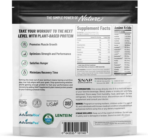 Snap Supplements Organic Plant Based Vegan Protein Powder Nitric Oxide Boosting Protein Powder Vanilla Bean BCAA Amino Acid for Muscle Growth Performance  Recovery  30 Servings Chocolate