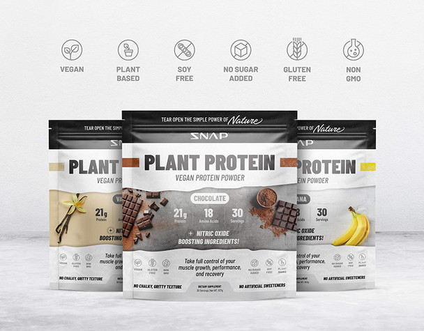 Snap Supplements Organic Plant Based Vegan Protein Powder Nitric Oxide Boosting Protein Powder Vanilla Bean BCAA Amino Acid for Muscle Growth Performance  Recovery  30 Servings Banana