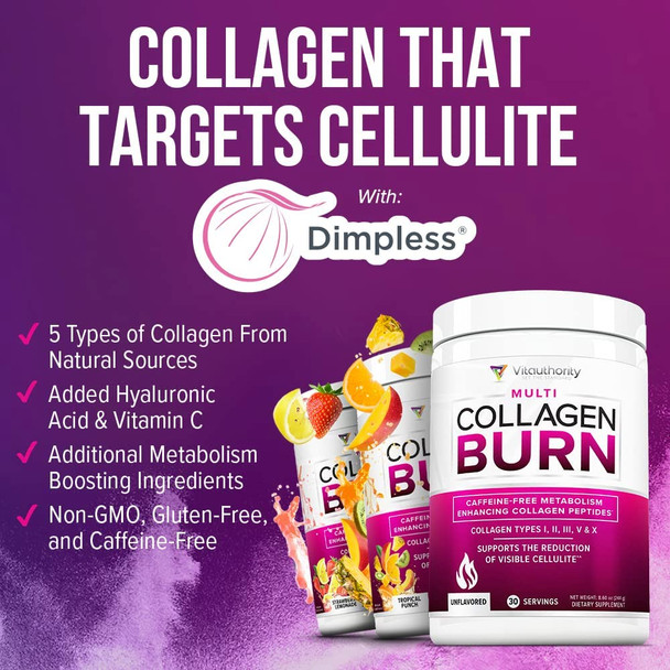 Multi Collagen Burn MultiType Hydrolyzed Collagen Protein Peptides with Hyaluronic Acid Vitamin C SOD B Dimpless Types I II III V and X Collagen Olive Leaf Extract CaffeineFree Unflavored