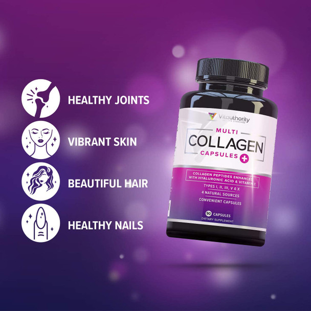 Multi Collagen Pills with Hyaluronic Acid  Vitamin C 5 Type Hydrolyzed Collagen Protein Peptides Types I II III V X 30 Servings 90 Capsules