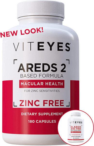 Viteyes AREDS 2 Zinc Free Macular Health Formula Capsules Natural Vitamin E No Zinc No Copper Eye Vitamin Smaller Capsules Vision Protection 180 Capsules