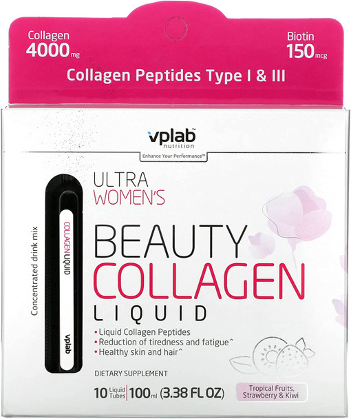 Ultra Womens Beauty Collagen Liquid Tropical Fruits Strawberry  Kiwi 4000 mg 10 Liquid Tubes Vplab