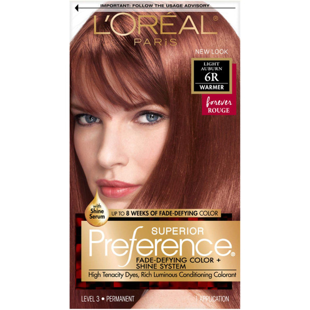 L'Oreal Paris Superior Preference Fade-Defying + Shine Permanent Hair Color, 6R Light Auburn, Pack of 1, Hair Dye