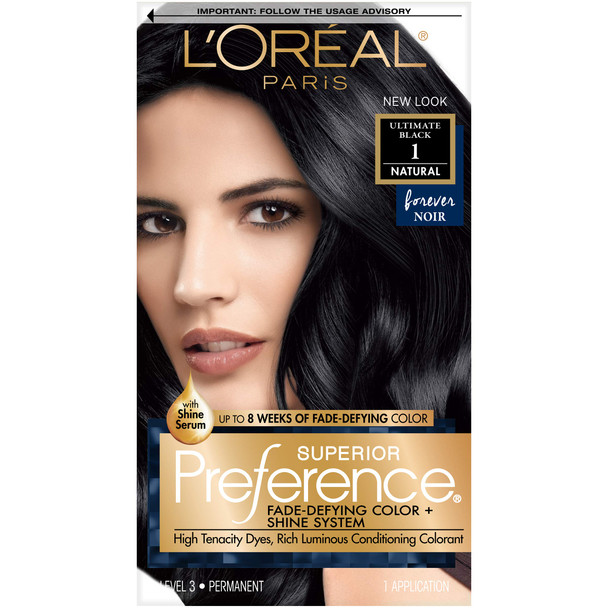 L'Oreal Paris Superior Preference Fade-Defying + Shine Permanent Hair Color, 1.0 Ultimate Black, Pack of 1, Hair Dye