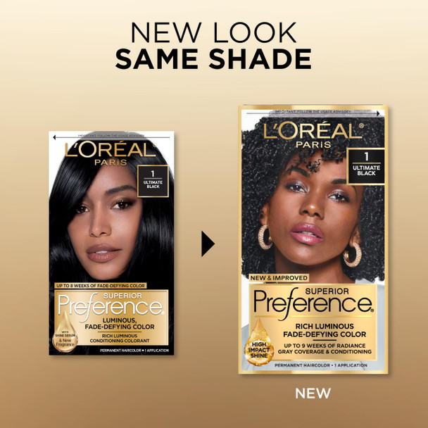 L'Oreal Paris Superior Preference Fade-Defying + Shine Permanent Hair Color, 1.0 Ultimate Black, Pack of 1, Hair Dye