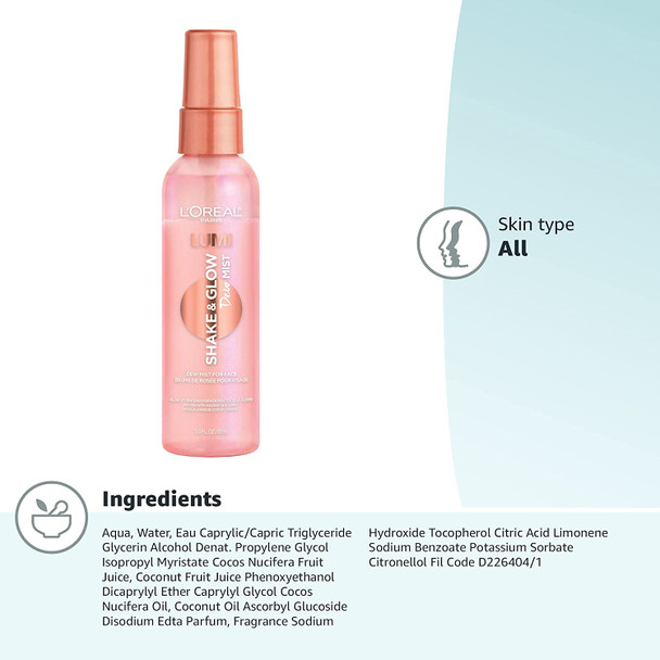 L'Oreal Paris Makeup LUMI Shake and Glow Dew Mist, Hydrating and Soothing Face Mist, Prep and Set Makeup, Energizes Skin with a Healthy Boost of Hydration, Natural Finish, 3 fl; oz. L'Oreal Paris Makeup LUMI Shake and Glow Dew Mist, Hydrating and Soothing Face Mist, Prep and Set Makeup, Energizes Skin with a Healthy Boost of Hydration, Natural Finish, 3 fl; oz.