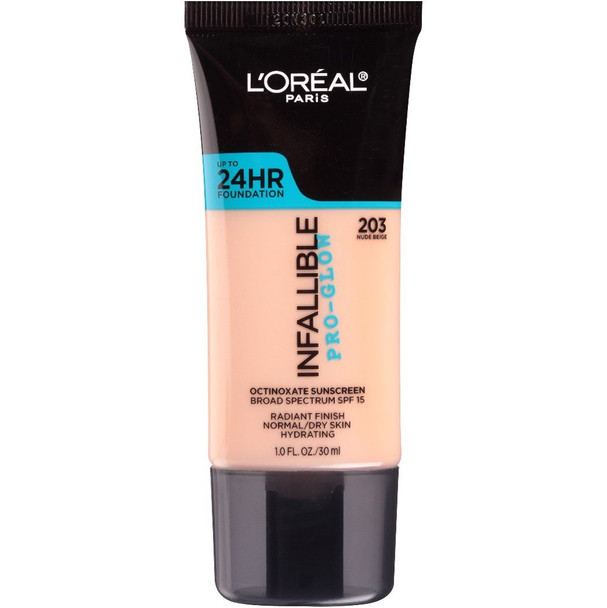 L'Oreal Paris Makeup Infallible Up to 24HR Pro-Glow Foundation, 203 Nude Beige, 1 fl; oz.