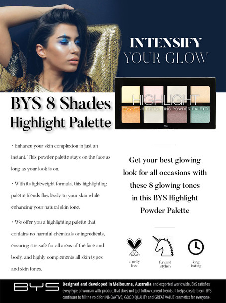 BYS Highlight Palette 8 Shades - Highlighting Powder Palette, Strobe Palette, Glam, Glow, Shimmer, Illuminate Makeup, enhance skin complexion intensify glow face eyes body makeup palette