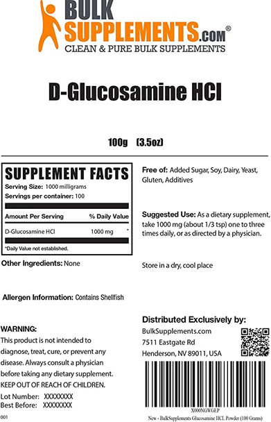 BulkSupplements.com Glucosamine HCl Powder - Glucosamine HCl 1000mg - Joint and Knee Supplements - Supplements for Men Bodybuilding (100 Grams - 3.5 oz)