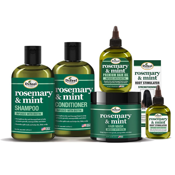 Difeel Rosemary & Mint Biotin Shampoo & Conditioner 5-PC Hair Care Collection - Includes 12oz Shampoo, 12oz Conditioner, 12oz Hair Mask, 2.5oz Root Stimulator & 7.1oz Hair Oil