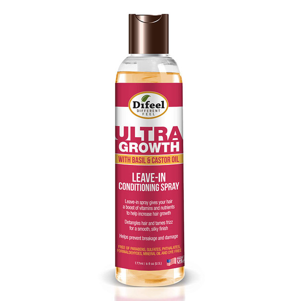 Difeel Ultra Growth Basil & Castor Hair Oil Leave in Conditioning Treatment 6 oz. with Spray Cap & Dispensing Cap