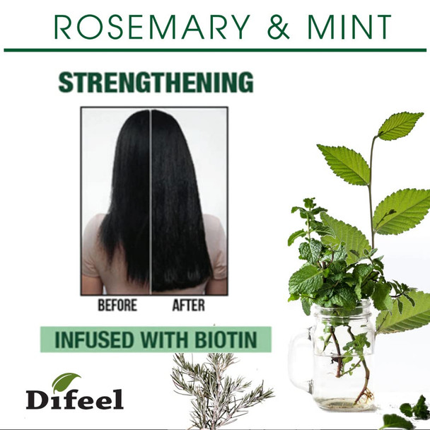 Difeel Rosemary Mint Strengthening Shampoo with Biotin 12 oz. - Made with Natural Rosemary Oil for Hair Growth, Sulfate Free Shampoo
