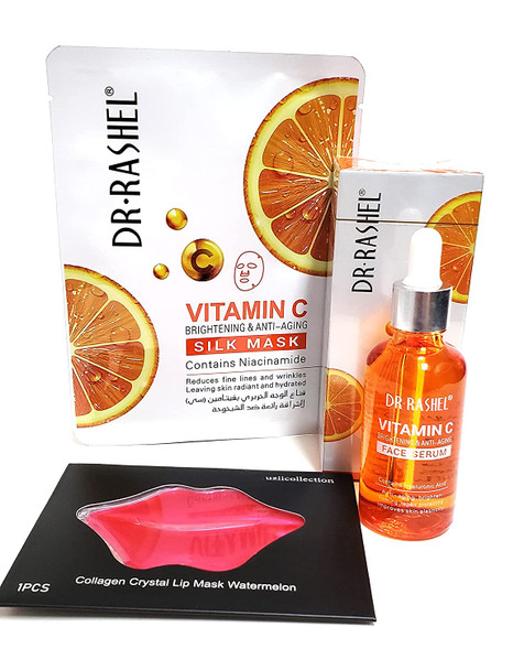 Dr Rashel Vitamin C Face Serum - Hyaluronic Acid and Anti Aging - 1.69 oz + 1 Pcs Vitamin C Niacinamide Silk Mask & 1 Pcs of Collagen Crystal Lip Mask Watermelon