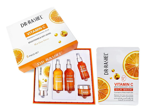 Dr Rashel Vitamin C Skin Care Series , Contains Hyaluronic Acid, Anti Aging and Collagen Essence ( Pack Of 5 Piece Set ) + 1 Pcs of Vitamin C Silk Mask