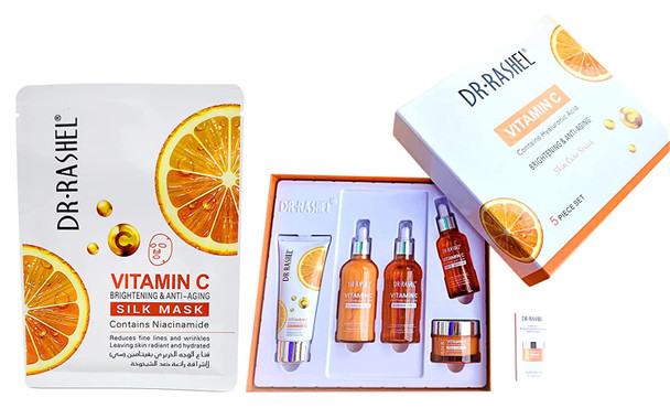 Dr Rashel Vitamin C Skin Care Series , Contains Hyaluronic Acid, Anti Aging and Collagen Essence ( Pack Of 5 Piece Set ) + 1 Pcs of Vitamin C Silk Mask