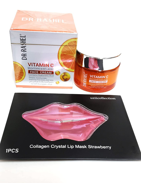 Dr Rashel Vitamin C Face Cream - Hyaluronic Acid , Anti Aging and Collagen Moisturizer - 1.76 oz + 1 Pcs of Collagen Crystal Lip Mask Strawberry