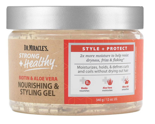 Dr. Miracle's Strong & Healthy Nourishing & Styling Gel. Contains Aloe Vera and Olive Oil to moisturize hair and reduce irritation.