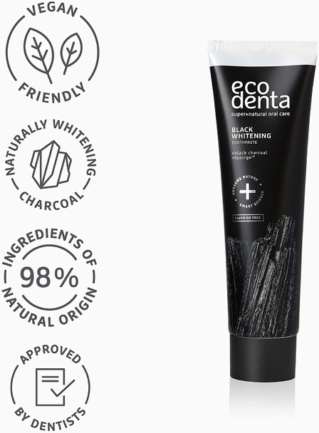 Ecodenta Charcoal Toothpaste, Teeth Whitening Toothpaste I Naturally Whitens Teeth and Removes Plaque I Black Natural Toothpaste Fluoride Free, 100ml