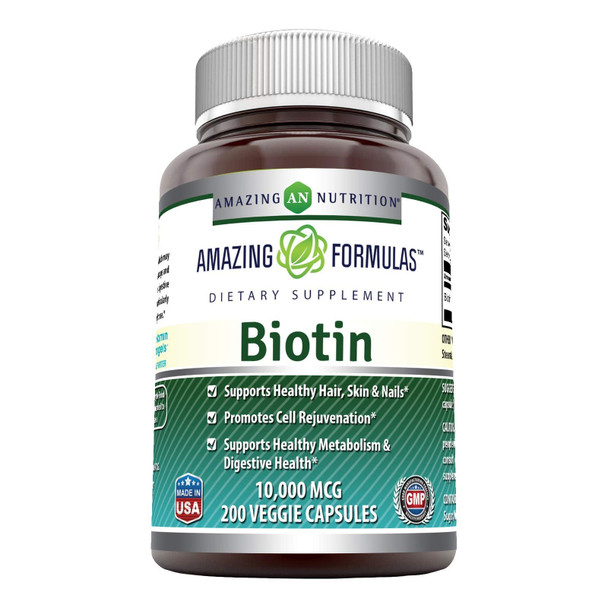 Amazing Formulas Biotin Supplement - 10,000mcg - 200 Veggie Capsules (Non-GMO, Gluten Free) -Supports Healthy Hair, Skin & Nails