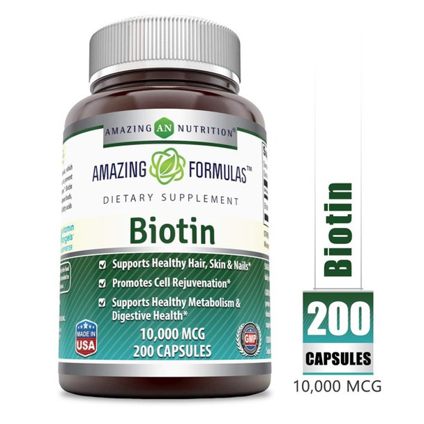 Amazing Formulas Biotin Supplement - 10,000mcg - 200 Veggie Capsules (Non-GMO, Gluten Free) -Supports Healthy Hair, Skin & Nails