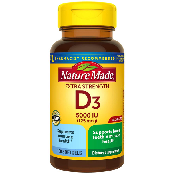 Nature Made Extra Strength Vitamin D3 5000 IU (125 mcg), 180 Softgels Value Size, High Potency Vitamin D Helps Support Immune Health, Strong Bones and Teeth, & Muscle Function