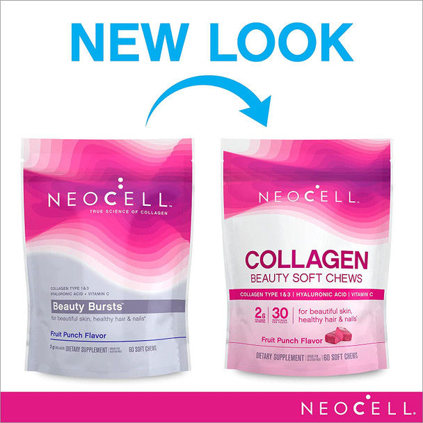 NeoCell Beauty Bursts Collagen Soft Chews, 2,000mg Collagen Types 1 & 3, Fruit Punch Flavor, 60 Count (Package May Vary)