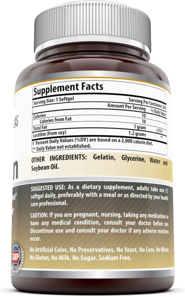 Amazing Formulas Lecithin Dietary Supplement  1200 Mg High Potency Lecithin Softgels (Non Gmo,Gluten Free) -Promotes Brain & Cardiovascular Health  Aids In Cellular Activities  240 Softgels