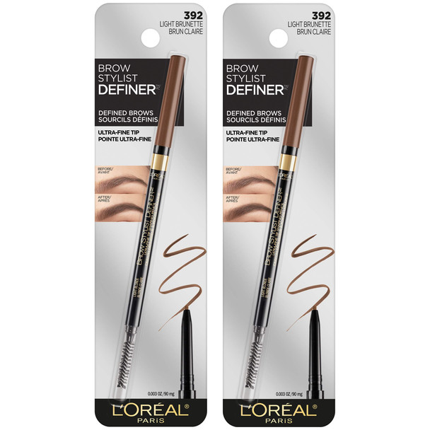 L'Oreal Paris Makeup Brow Stylist Definer Waterproof Eyebrow Pencil, Ultra-Fine Mechanical Pencil, Draws Tiny Brow Hairs and Fills in Sparse Areas and Gaps, Light Brunette, 0.003 Ounce (Pack of 2)