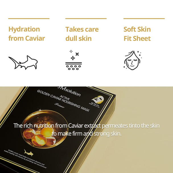 JMsolution Active Golden Caviar Nourishing Mask - Korean Skincare Facial Mask-Cavior extracted - collagen essense- 10 sheets for all skin type