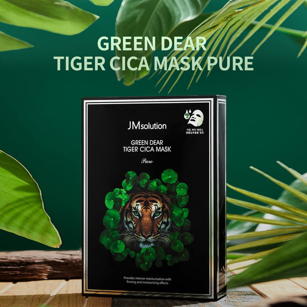 JMsolution Green Dear Tiger Cica Mask Pure - Contains Centella Asiatica - Korean Skincare Facial Mask - 10 sheets for a sensitive skin